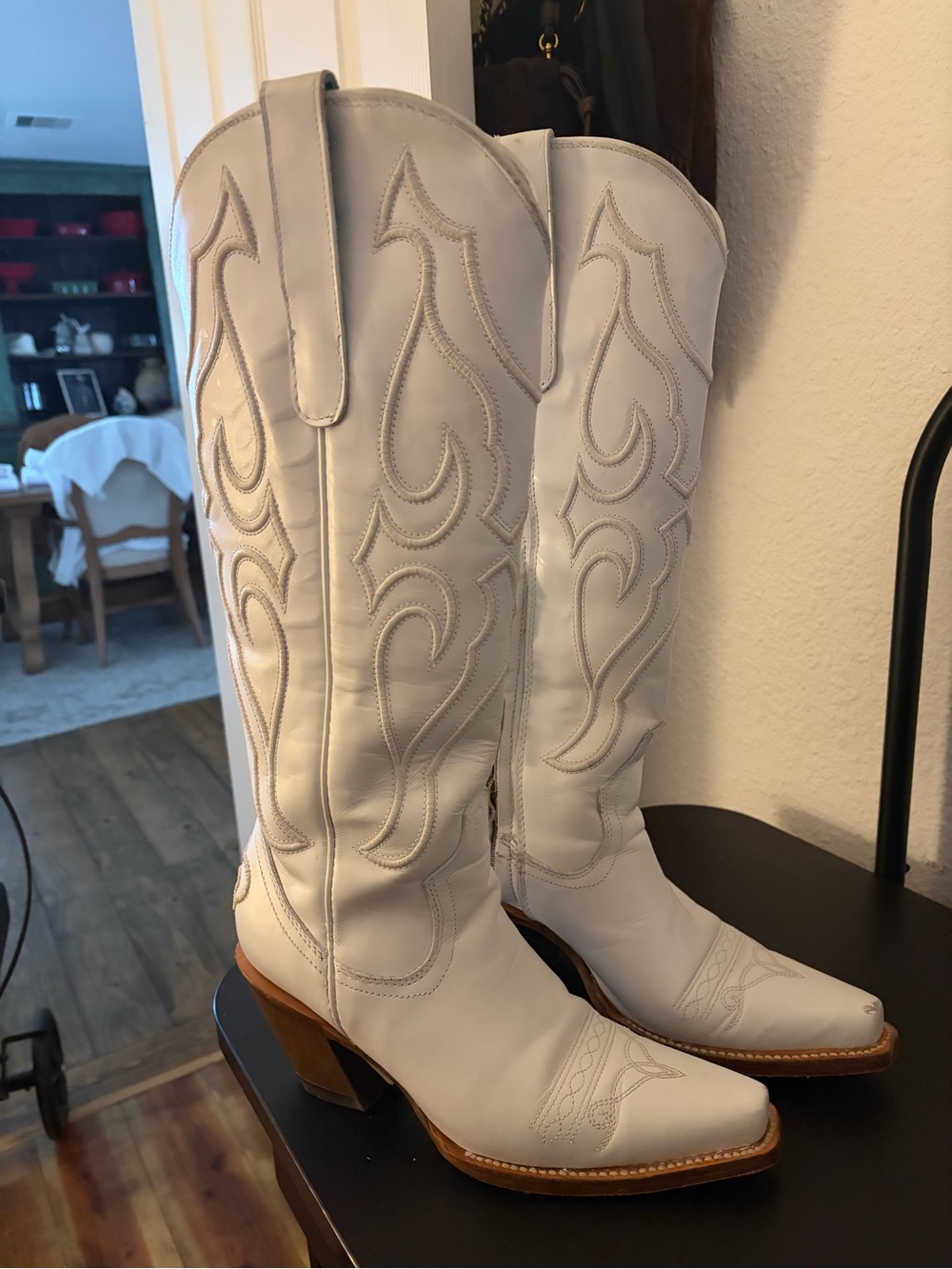 White Over-the-Knee Western Boots with Embroidered Detail